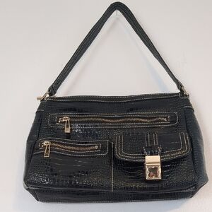 Liz Claiborne Crocodile-Embossed Handbag Formal Casual Matrix Goth Black Gold